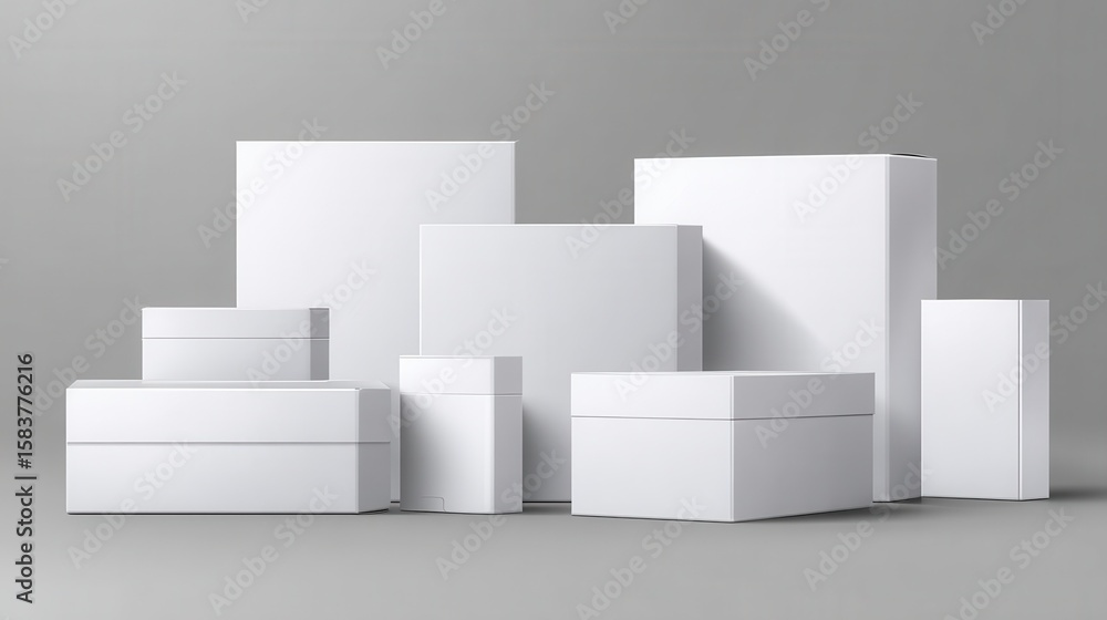 White cardboard boxes. Blank medicine package in different sizes. Medical product square box 3d vector isolated mockups, no logos, no brands White cardboard boxes. Blank medicine package in different sizes. Medical product square box 3d vector isolated mockups, no logos, no brands