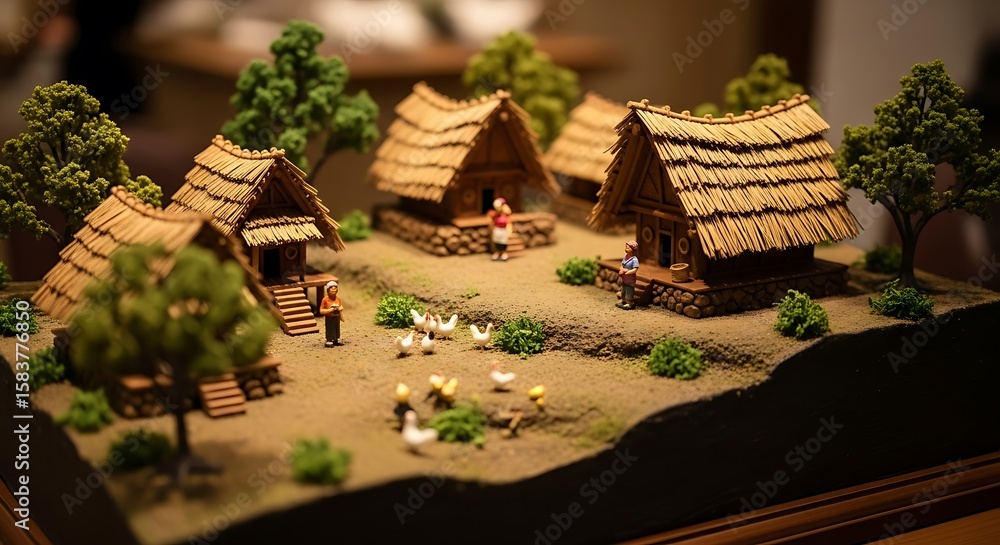 Obraz premium Miniature village scene with thatched-roof houses, tiny figures, and geese.
