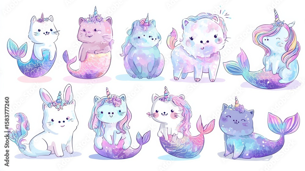 Obraz premium Cat unicorn mermaid. Graphic happy magic mermaids. Funny cartoon kitten hare pony. Sea life clipart for kids, cute ocean animals vector set, no logos, no brands