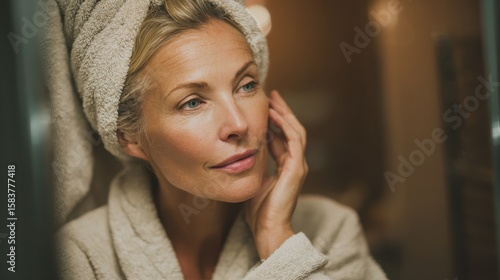 Attractive mid age older adult 50 years old blonde woman wears bathrobe and towel in bathroom touching face, looking at mirror doing daily beauty routine. Skin care treatment concept., no logos, no b