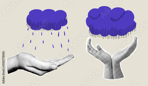 Contemporary art collage with halftone hands and drawn clouds.