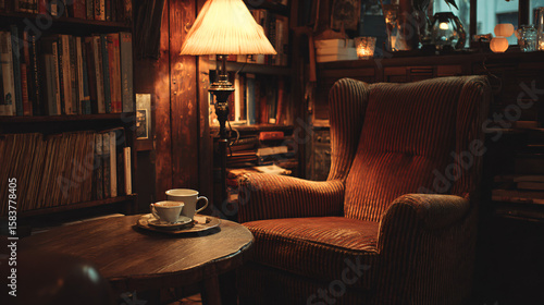 Wallpaper Mural Warm and inviting reading nook with overstuffed armchair, rustic table, and glowing lamp Torontodigital.ca