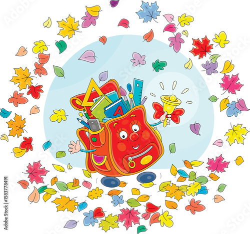 Funny cartoony schoolbag with textbooks, notebooks, rulers, pencils and pens, ringing its bell among colorful autumn leaves on the first day of school, vector cartoon illustration on white