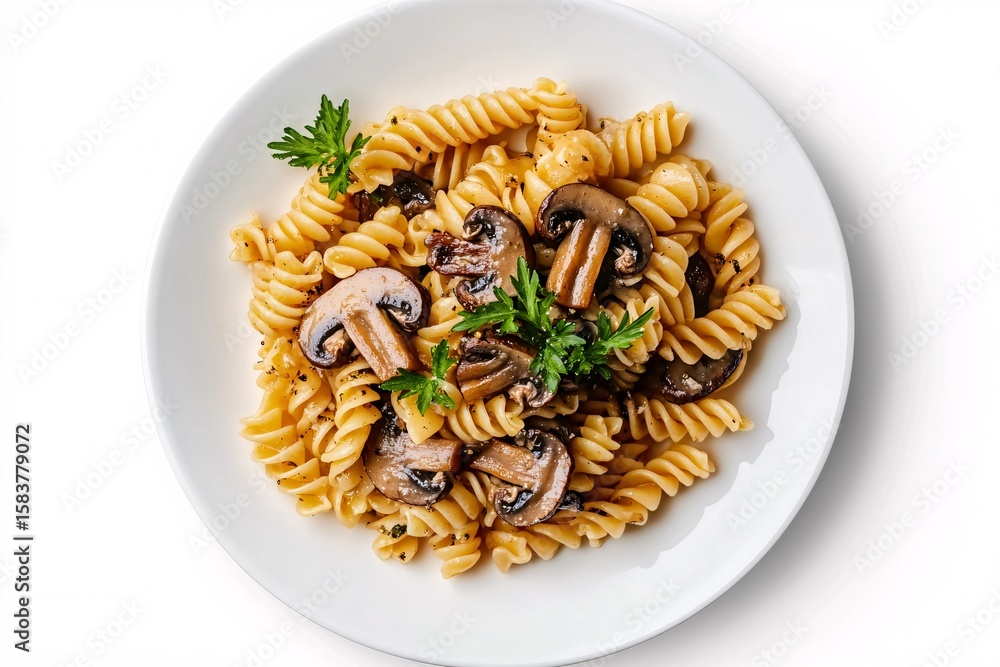 Creamy Mushroom Pasta with Rich Sauce Italian Comfort Food on White Background Creamy Mushroom Pasta with Rich Sauce Italian Comfort Food on White Background