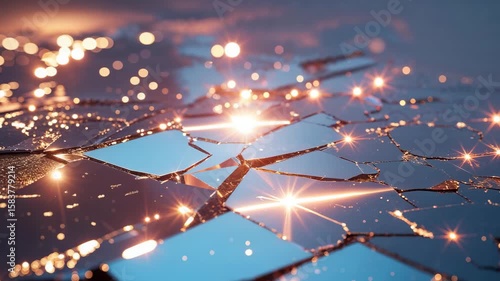 Close up shot of shattered mirror pieces reflecting light with bokeh effect in the background