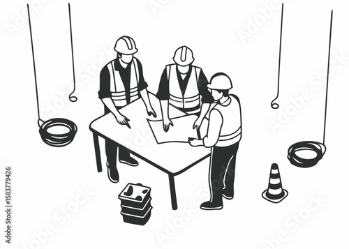Construction team examining blueprints at a table with safety gear and transparent background for versatile usage