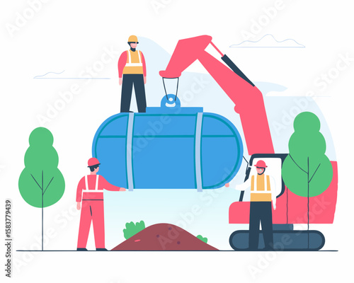 Construction workers collaborating with excavator to handle a large tank illustration on white background ideal for design projects