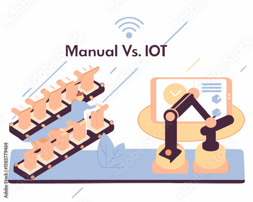 Illustrated comparison of manual labor with automated industrial internet of things solutions demonstrating efficiency and modern technology