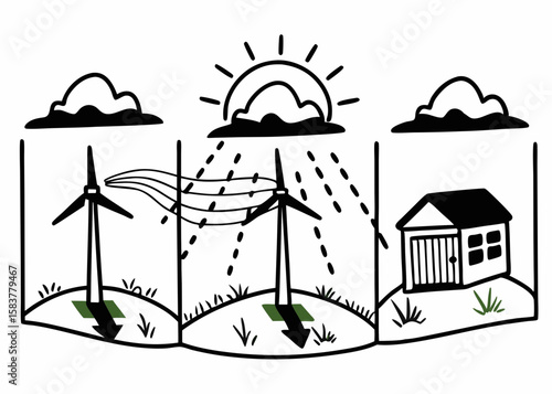Hand drawn illustration demonstrating sustainable energy concepts showcasing wind turbines generating electricity and supplying homes with green power.