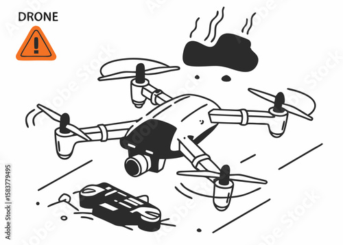 Illustrated drone vector graphic featuring a modern unmanned aerial vehicle and warning symbol on a white background.
