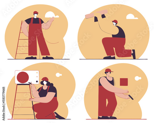 Professional repair and installation crew performing various tasks vector illustration, featuring skilled workers and maintenance services