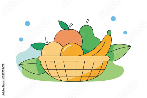 Outdoor Picnic Basket with Juicy Mango Banana and Orange Fruits