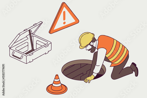 Safety first illustration featuring a worker inspecting a manhole cover with protective gear and warning signs
