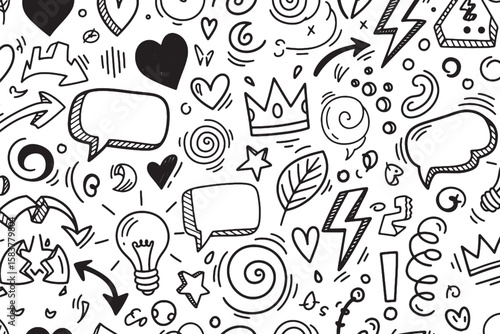 Hand-drawn doodle seamless pattern; black and white; playful, creative, and energetic design; perfect for backgrounds, textiles, and social media; vector illustration.