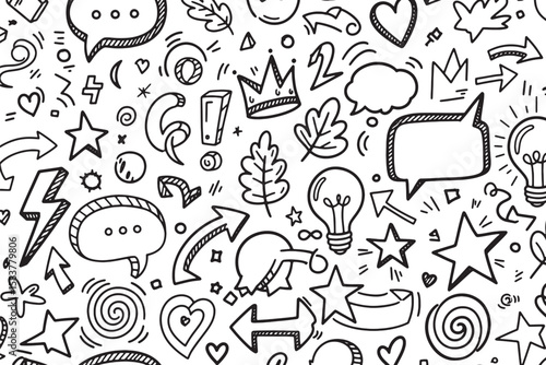 Hand-drawn doodle seamless pattern; black and white; playful, creative, and energetic design; perfect for backgrounds, textiles, and social media; vector illustration.