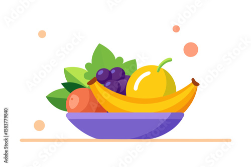 Minimalist Fruit Bowl of Bananas Oranges and Grapes on Clean Background