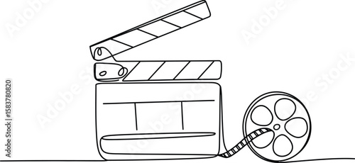 One Line Drawing of Movie Clapperboard and Film Reel – Cinematic and Filmmaking Concept
