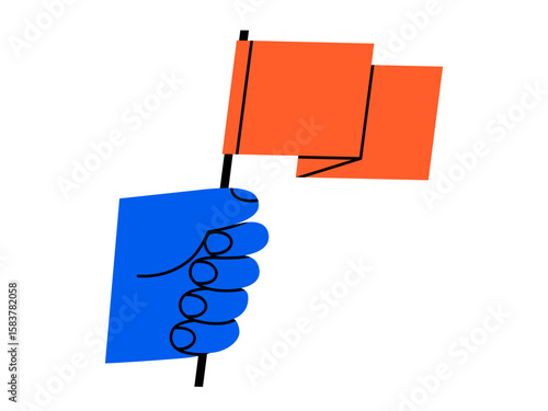 Hand drawn cute cartoon illustration of hand holding red flag. Flat vector warning sign banner in human arm sticker doodle. Relationship difficulties icon. Protest, danger, attention signal. Isolated.
