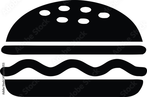 Burger silhouette with sesame seed bun, layered fillings, and rounded shape for classic fast food icon