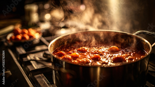 Wallpaper Mural Warmly lit kitchen scene with stainless steel pot simmering fresh tomato sauce on stove Torontodigital.ca
