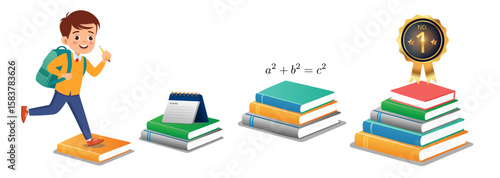 School educational success story, journey illustration. A young cheerful male student stepping up on stack of books, learning materials and math formulas to reach a number one badge achievement