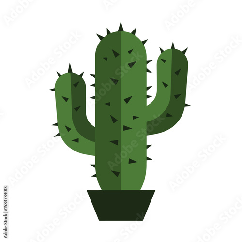 A flat color vector of a stylized, geometric cactus plant in shades of green, with simple triangular spines, placed on a white background. The cactus has no intricate details, just clean shapes and so