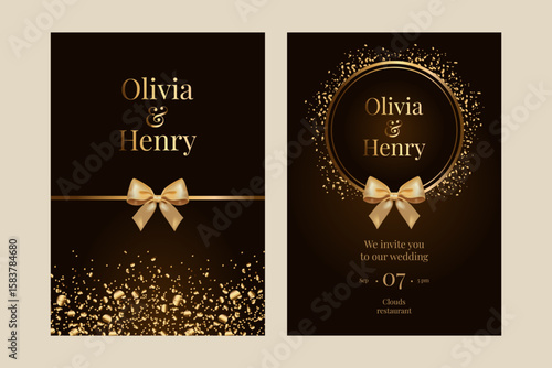 premium wedding invitation with gold confetti, bow and rings. luxury invitation card design