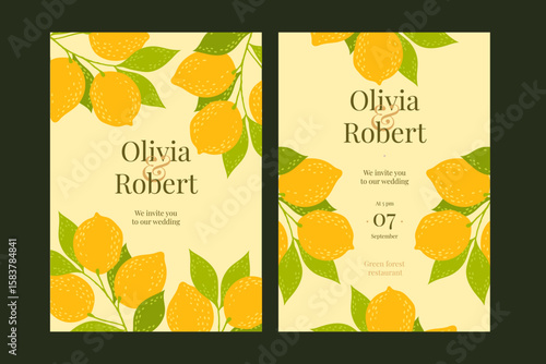A lavishly decorated lemon and foliage wedding invitation. Sunny summer lemons on a cute wedding card save the date