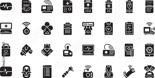 A collection of medical and technological icons displayed in a structured grid pattern against white