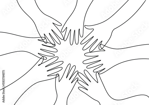 Minimalist One Line Drawing of Multiple Hands Joining Together – Team Spirit, Cooperation, and Community Support