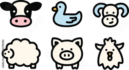 Collection of cute cartoon farm animals including a cow duck sheep pig goat isolated on transparent background