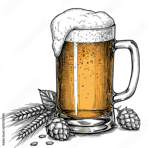 Vintage ink sketch frothy beer mug, hops and barley – hand drawn illustration doodle vector, engraving svg