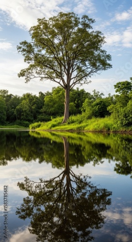 Tall green tree reflected in calm blue water with white clouds in sky reflection nature