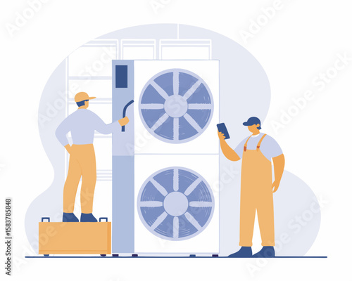 Illustration of hvac technicians inspecting and servicing an industrial air conditioning unit presented with a flat design.