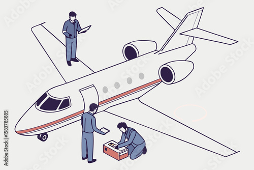 Isometric illustration of a business jet with aviation personnel performing maintenance and inspections suitable for commercial use