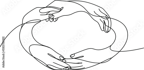 One Line Drawing of Four Hands Forming a Circle – Unity, Teamwork, and Support Concept in Minimal Style
