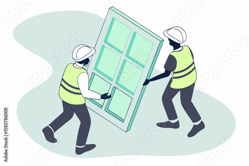 Two construction workers carrying a large window pane depicted in a minimalist flat design style suitable for various projects
