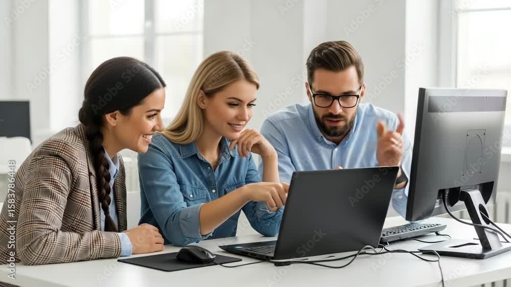 Three colleagues are working together on a project in the office Three colleagues are working together on a project in the office