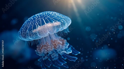 Luminous jellyfish: A mesmerizing view of a jellyfish illuminated against a deep blue background, a moment that inspires awe of the mysterious ocean.