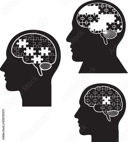 Human head silhouette with puzzle brain symbolizing mental health autism brain development therapy psychology and solving cognitive challenges