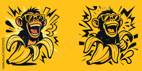 Cool Monkey in Sunglasses with Banana Pop Art Style Vector