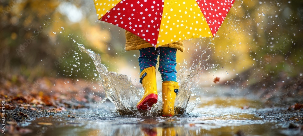 The child enjoys splashing in puddles under a colorful umbrella.