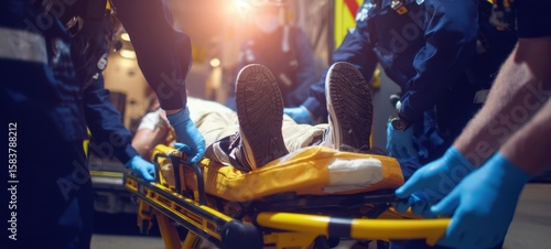 The paramedics urgently transporting a patient on a stretcher in the night.