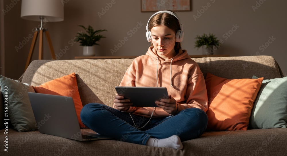 Teenage Girl Taking Online Class with Headphones on Couch Teenage Girl Taking Online Class with Headphones on Couch