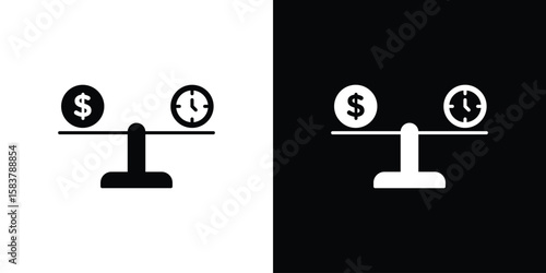 Time and money compare scale icon black and white. Simple glyph icons.