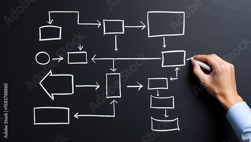 Visualizing Business Process Mapping and Workflow Optimization Through Hand Drawn Diagrams on a Chalkboard Demonstrating Strategic Planning and System Analysis