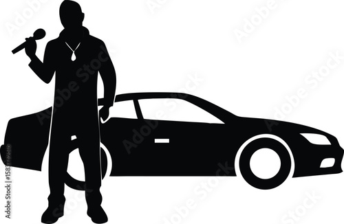 Black Silhouette of a Man Holding a Microphone Standing Next to a Car singing