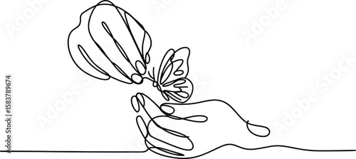 One Line Drawing of Hands Gently Releasing a Butterfly – Minimalist Symbol of Freedom and Transformation