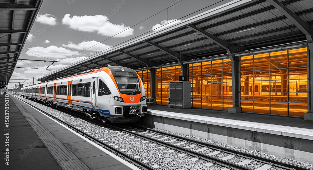 Fototapeta premium High speed train on the railway station at sunset. Industrial landscape with modern intercity passenger train on the railway platform and blue cloudy sky. Railroad in Europe. Commercial transportation