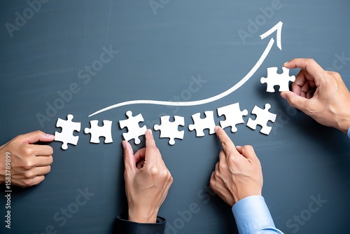 Teamwork enables success and growth assembling puzzle pieces creating upward trending arrow on dark background representing collaboration and strategic planning